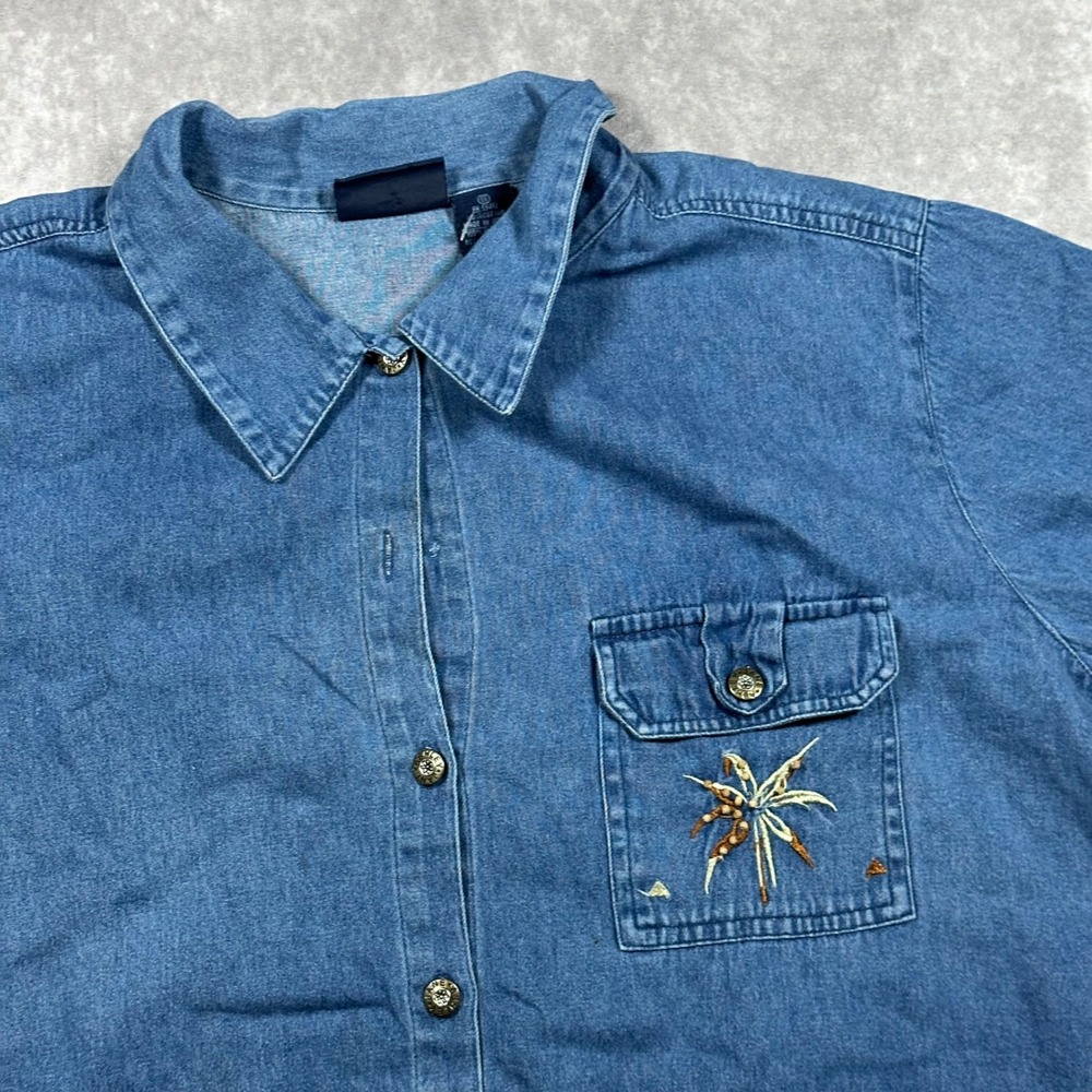 Jane Ashley 1X Blue Denim Safari Zebra Palm Tree Embroidered Cottagecore Top - Picture 3 of 11